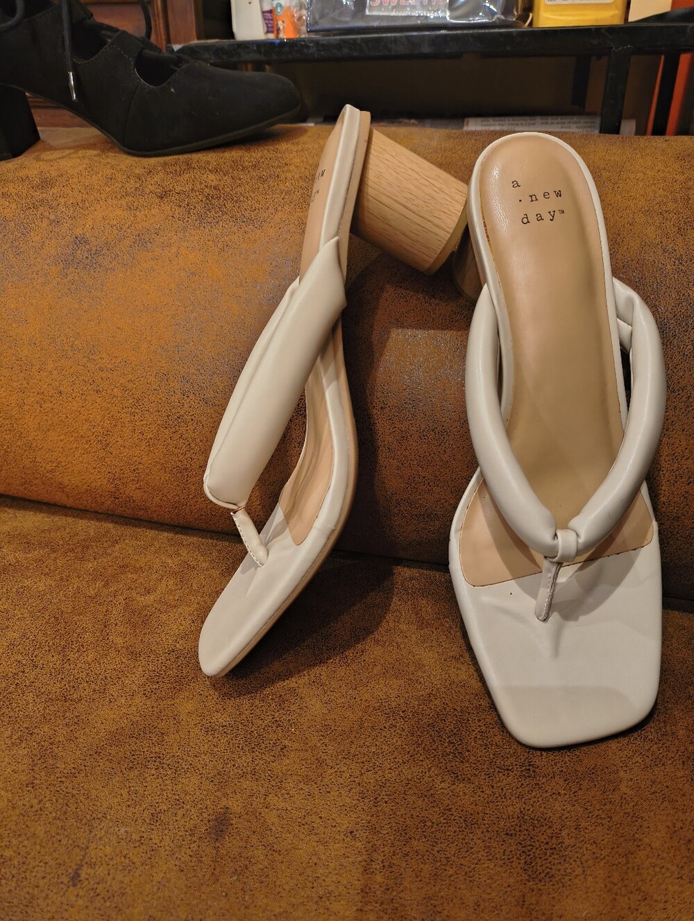 a new day Cream Padded Thong Block Heel Sandals